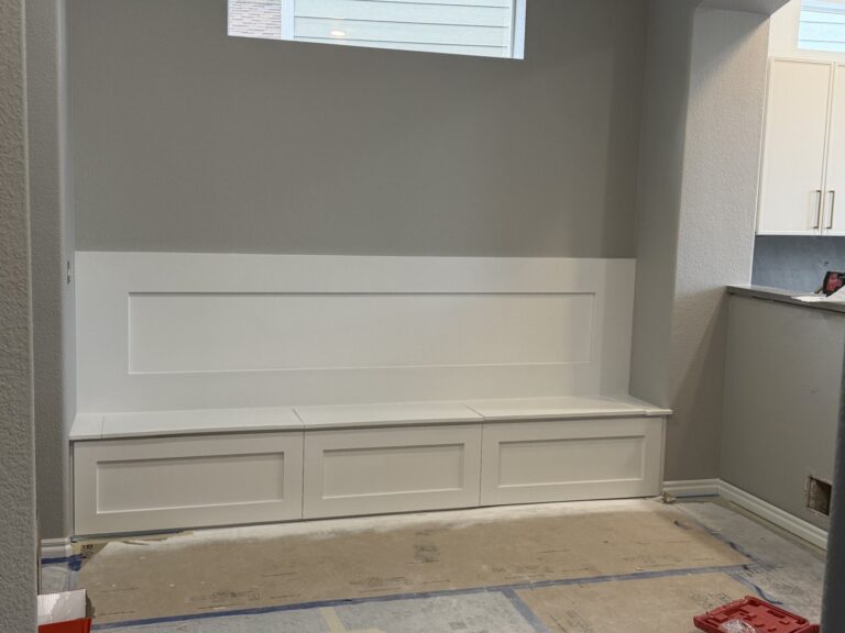During: built-in shower bench with shaker panel fronts and wainscot back, Highlands Ranch dining room