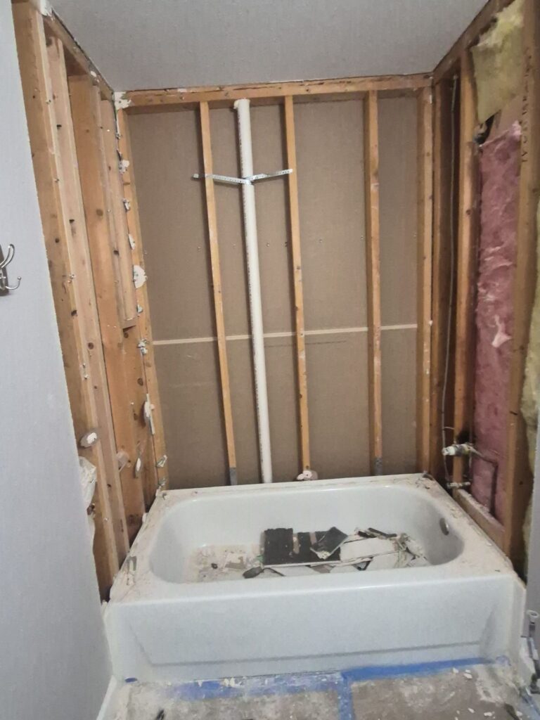 Highlands Ranch tub-to-shower conversion during demolition, walls opened to the studs