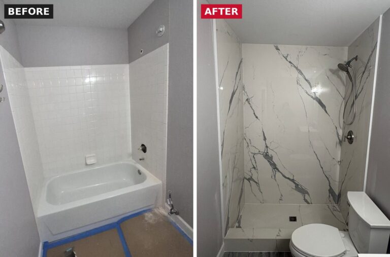 Before and after tub-to-shower conversion in Highlands Ranch by Brimie Contractors
